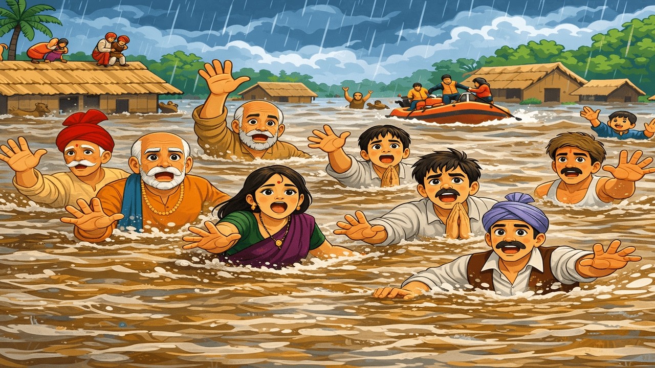 गांव में बाढ़ आ जाती है।  Hindi Story | Hindi Moral Story | Cartoon Story | Hindi Kahaniyan |