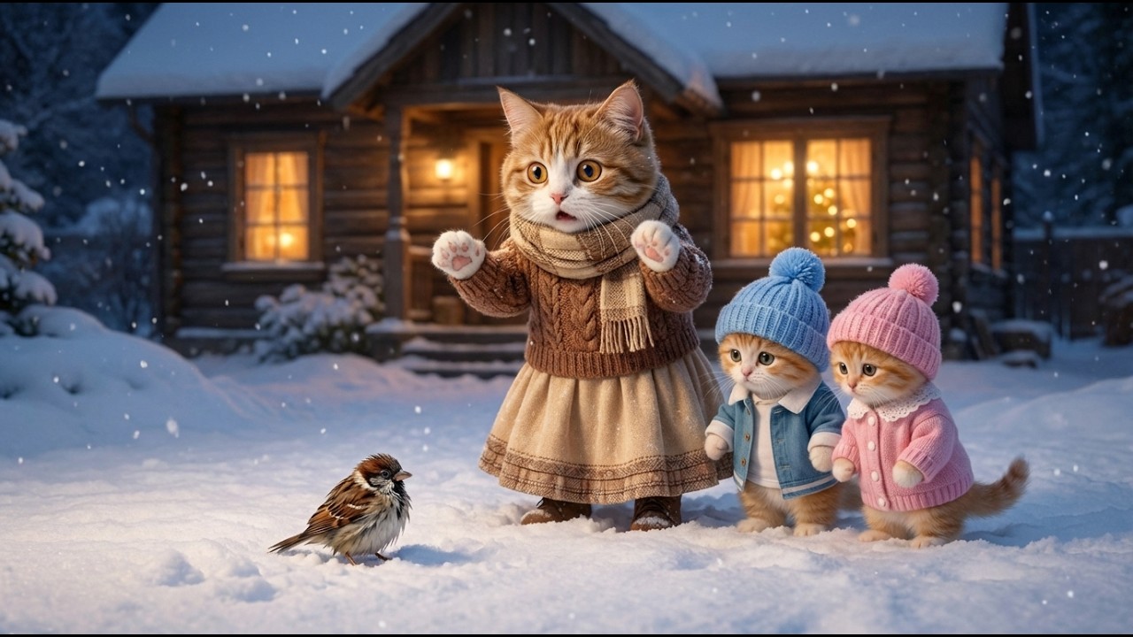 The Winter Night Story Of The Cat Family Rescuing A Small Sparrow During A Snowstorm ❄️🐾