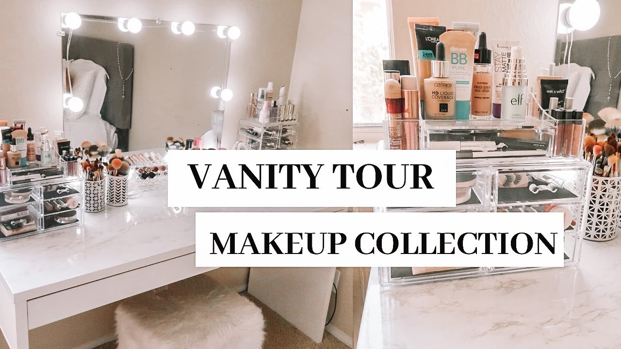 UPDATED VANITY TOUR + MAKEUP COLLECTION | IKEA DESK | DIY VANITY MIRROR | Jazmin Quintanilla