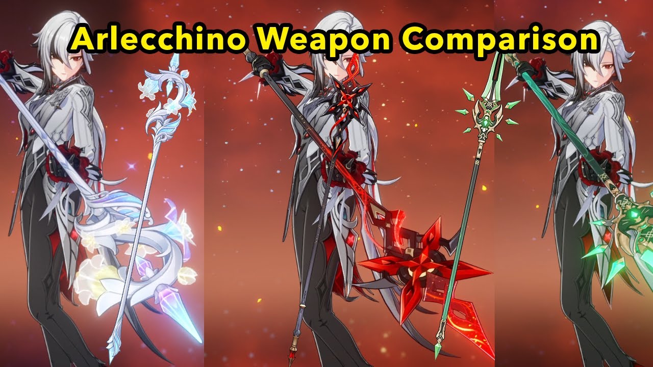 NEW Arlecchino Weapon Comparison | Crimson Moon vs Primordial Jade Winged-Spear vs Lumidouce Elegy