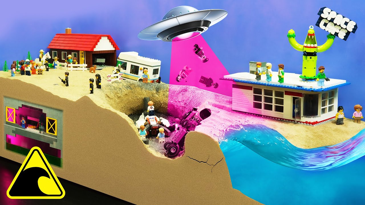 UFO Crash - Lego Tsunami Dam Breach Experiment - Wave Machine VS Aliens