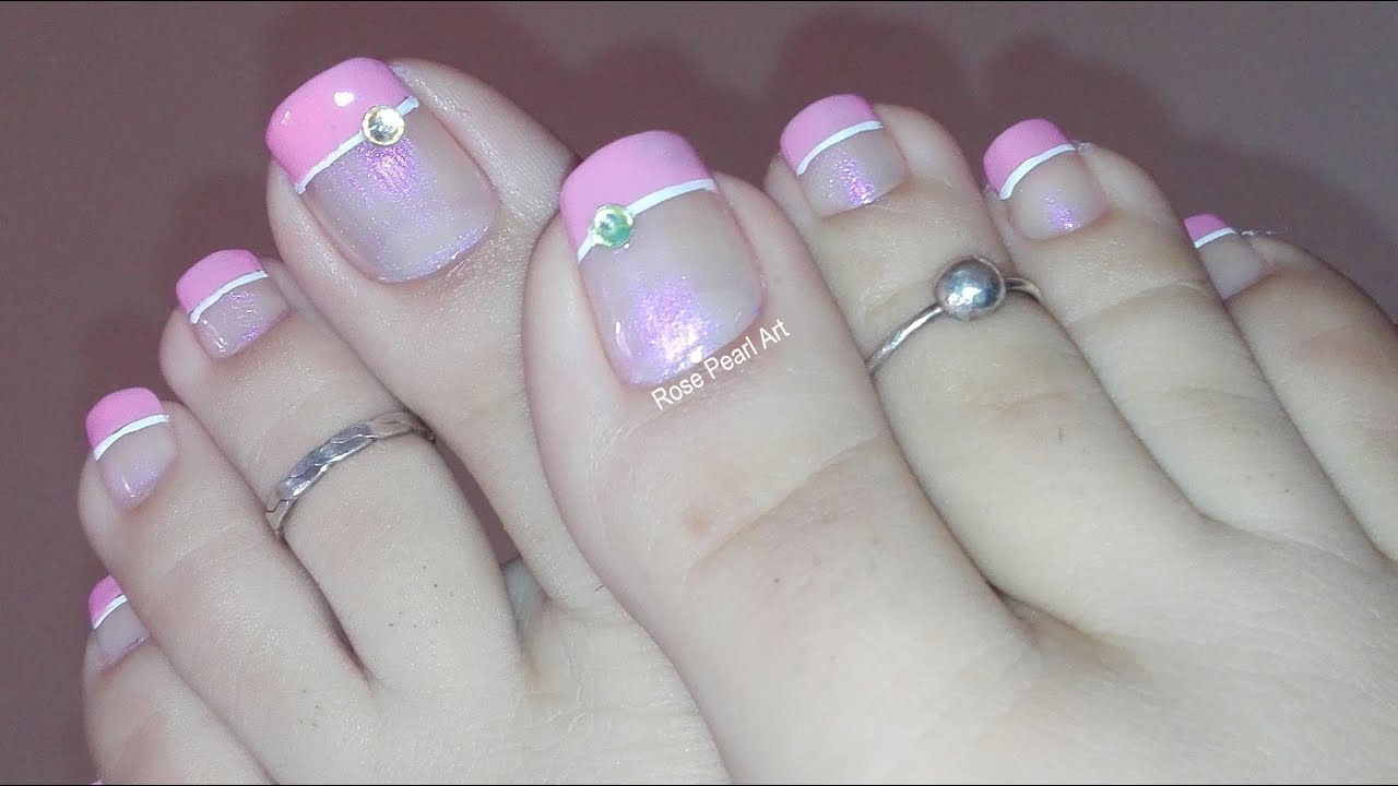 Pretty Pink French Pedicure with a Bling- Toe Nail Art Tutorial | Rose Pearl