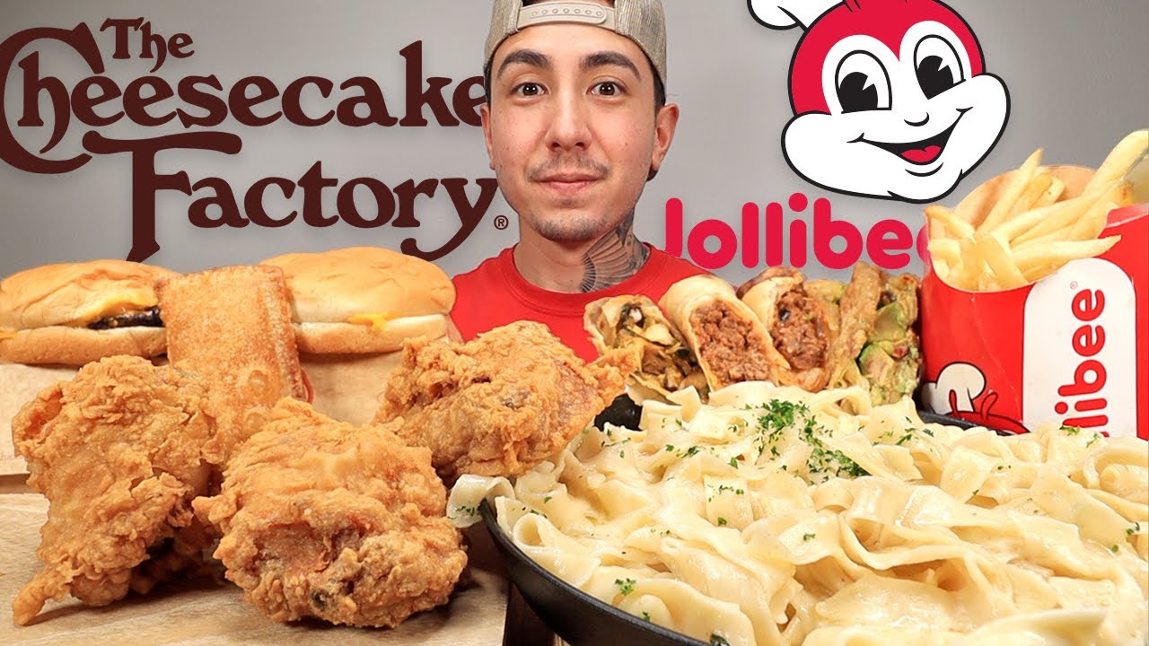 MUKBANG EATING Jollibee FRIED Chicken, The Cheesecake Factory Fettuccine Alfredo, Tex Mex Rolls