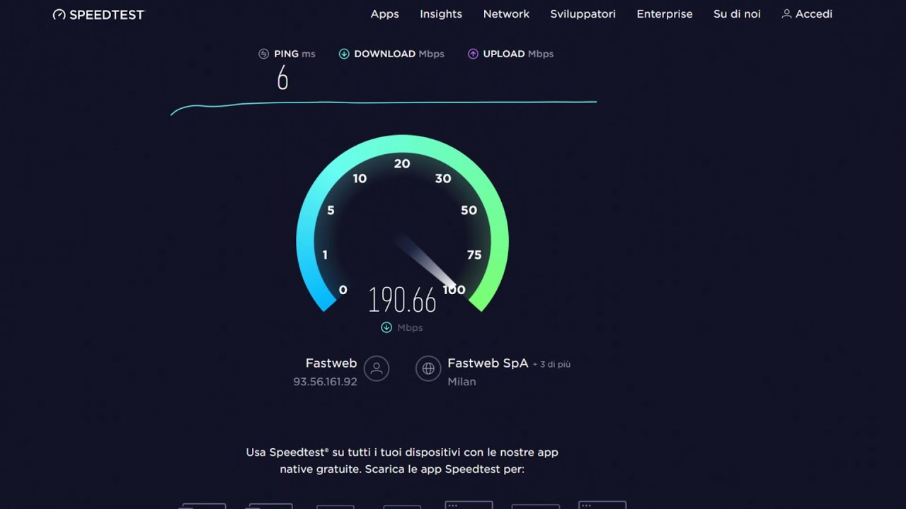 Fastweb Speed Test FTTC 200Mbps in Wifi 5.8ghz Fastgate