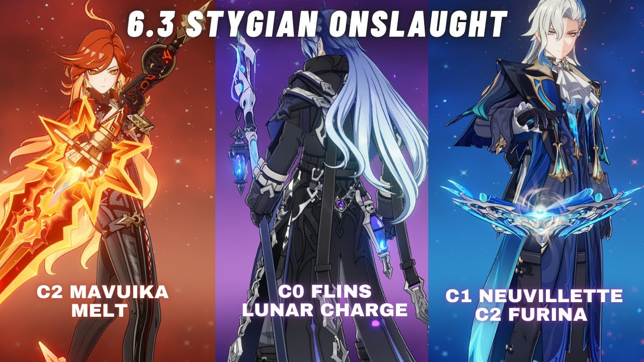 6.3 Stygian Οnslaught Dire C2 Mavuika Melt, C0 Flins, C1 Neuvillette Lunar Charge 281s Genshin