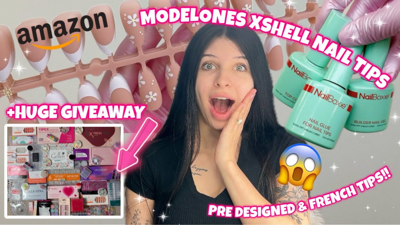 *HUGE GIVEAWAY* TRYING MODELONES NEW XSHELL PRE DESIGNED FRENCH TIP SOFT GEL NAILS FROM AMAZON