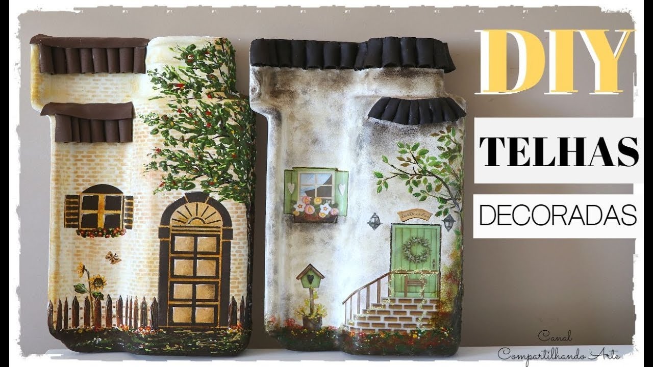 DIY TELHAS DECORADAS CASINHAS - Artesanato e Decoração usando STENCIL OPA e papel para decoupagem