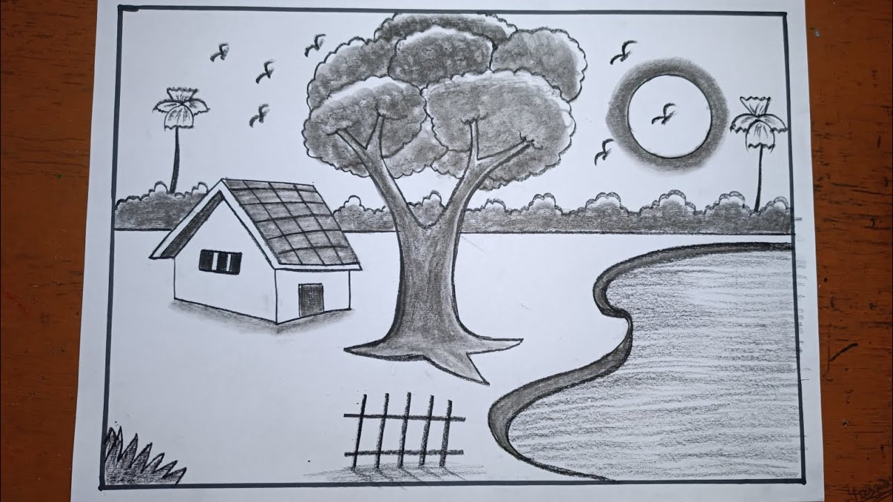 How to draw scenery with pencil/Indian village scenery drawing/Pencil drawing tutorial for beginners