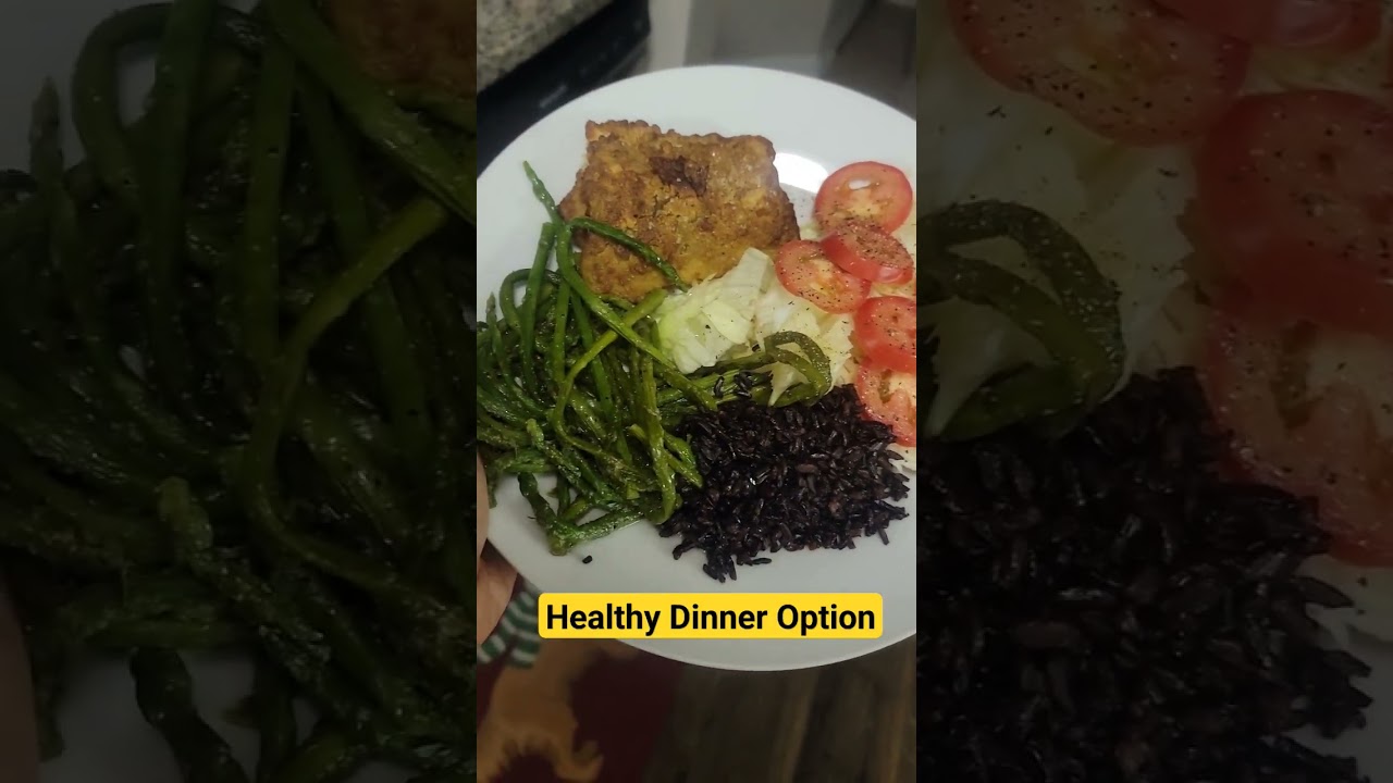 Black Rice,  Sweet Potato Chives Codfish,  Salad,  and Asparagus. 