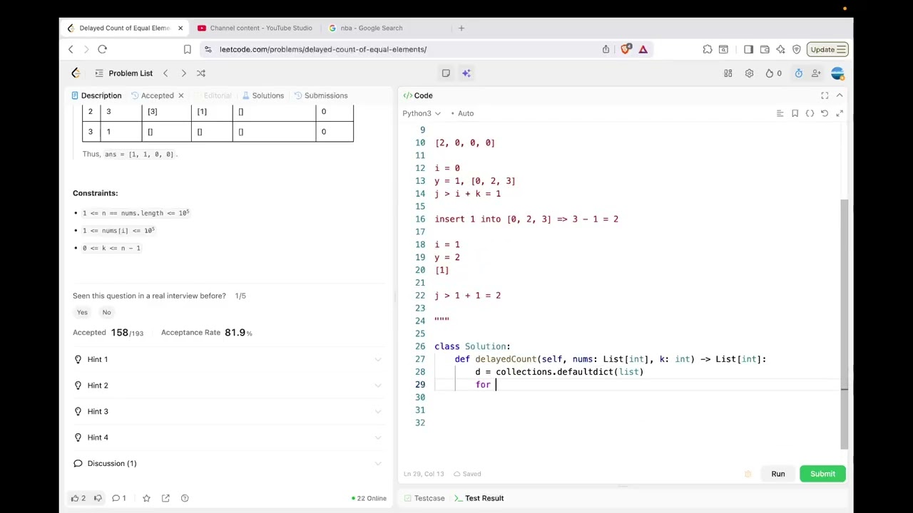 leetcode 3837  Delayed Count of Equal Elements | dict + bisect