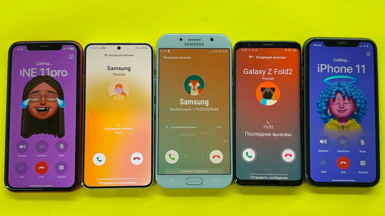 Incoming&Outgoing Calls Samsung S22 & Samsung A7 & Samsung S9 vs Two IPhone 11
