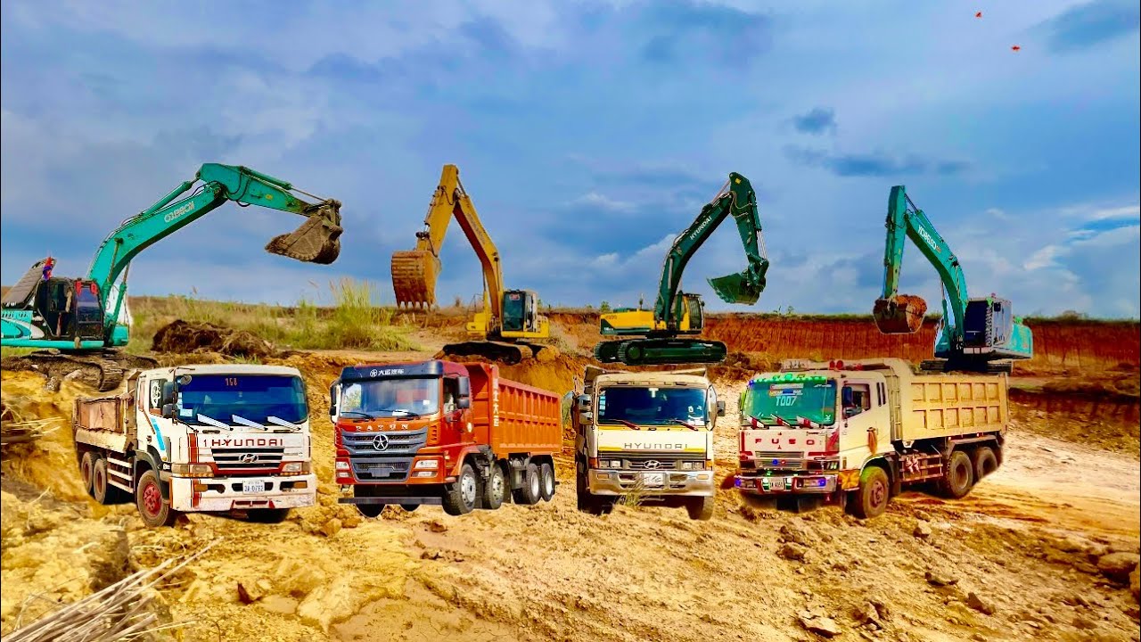 Earthmoving trucks and Excavator. My team is back together. #excavator #truck