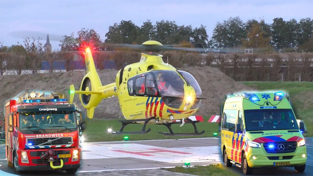 Traumahelikopter (Lifeliner 2) landt bij ADRZ in Goes - Brandweer en Ambulance met spoed onderweg!
