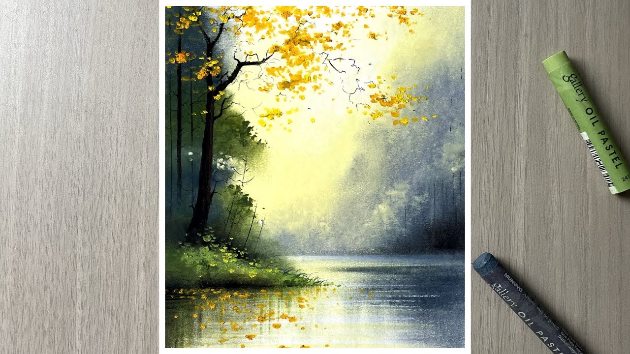 Forest sunset - oil pastel scenery drawing
