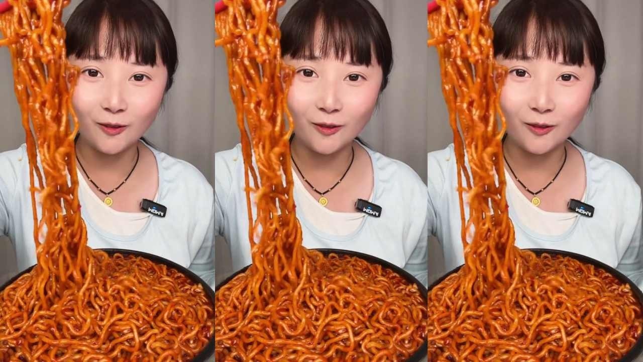 Immersed in eating sticky, gooey turkey noodles