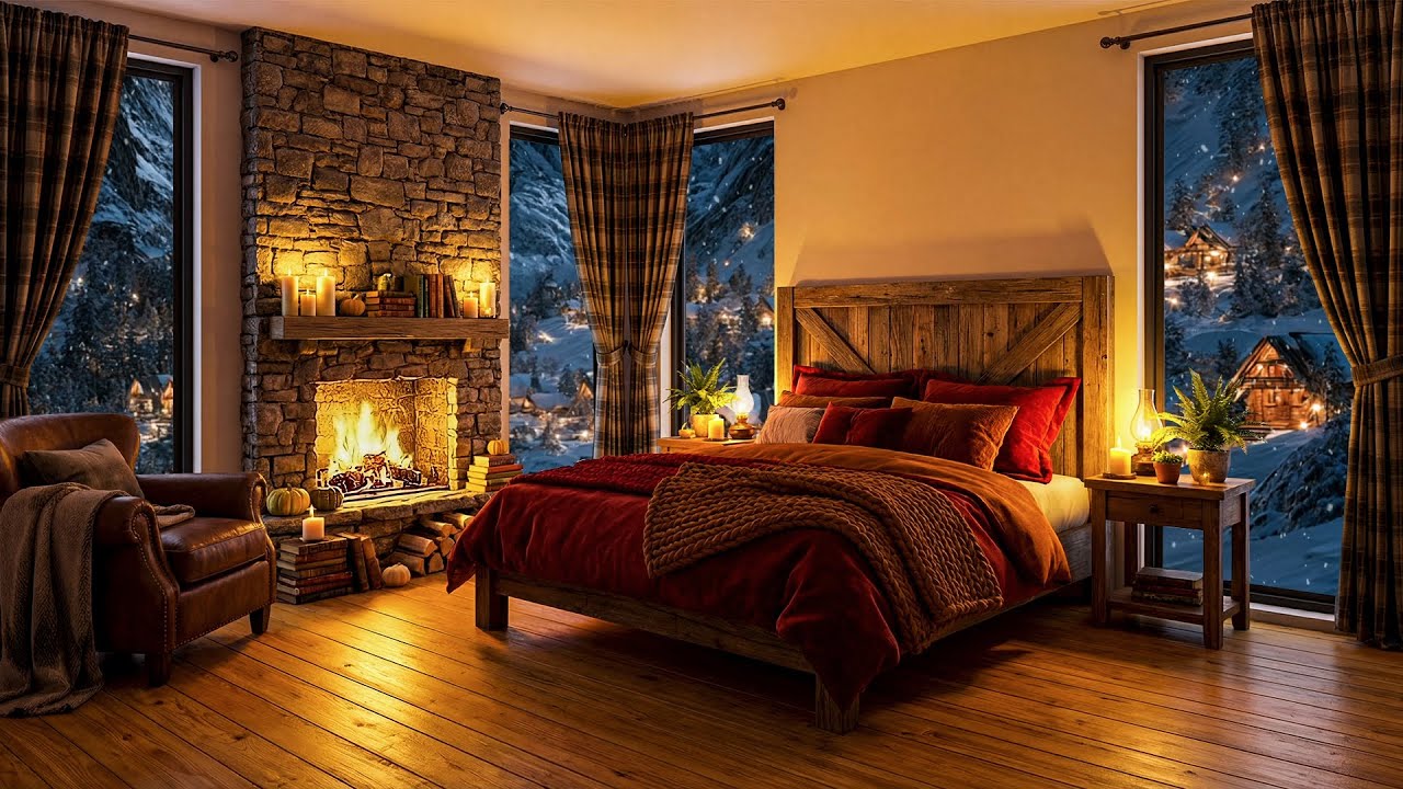 Cozy Winter Retreat: Snowfall and Crackling Fireplace for a Tranquil Atmosphere