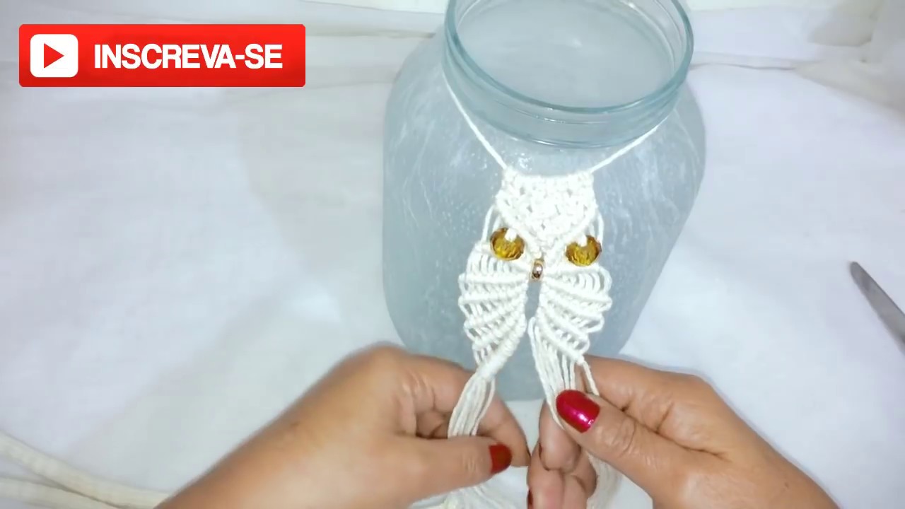 Pote de vidro decorado - Coruja em macramé
