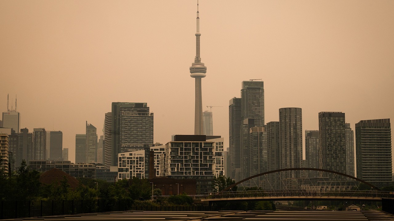 View of downtown Toronto as wildfire smoke blankets city