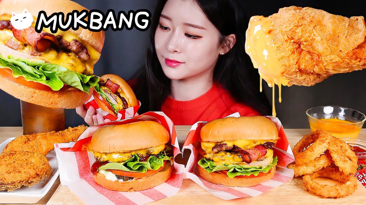 ASMR * Двойной чизбургер с беконом ручной работы Жареный цыпленок с луковыми кольцами MUKBANG