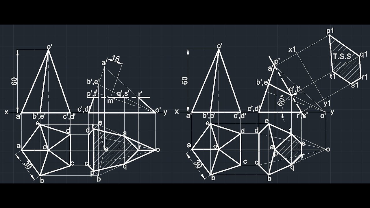 Sections of Solids - Pentagonal pyramid i. Cut at centroid ii. Inclined 60° at highest point of base