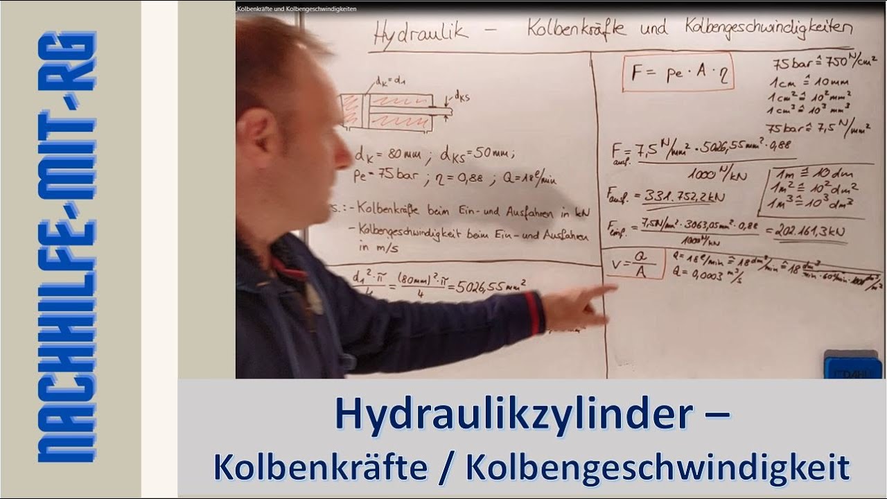 Hydraulik | doppeltwirkender Zylinder | Kolbenkräfte und Kolbengeschwindigkeiten berechnen