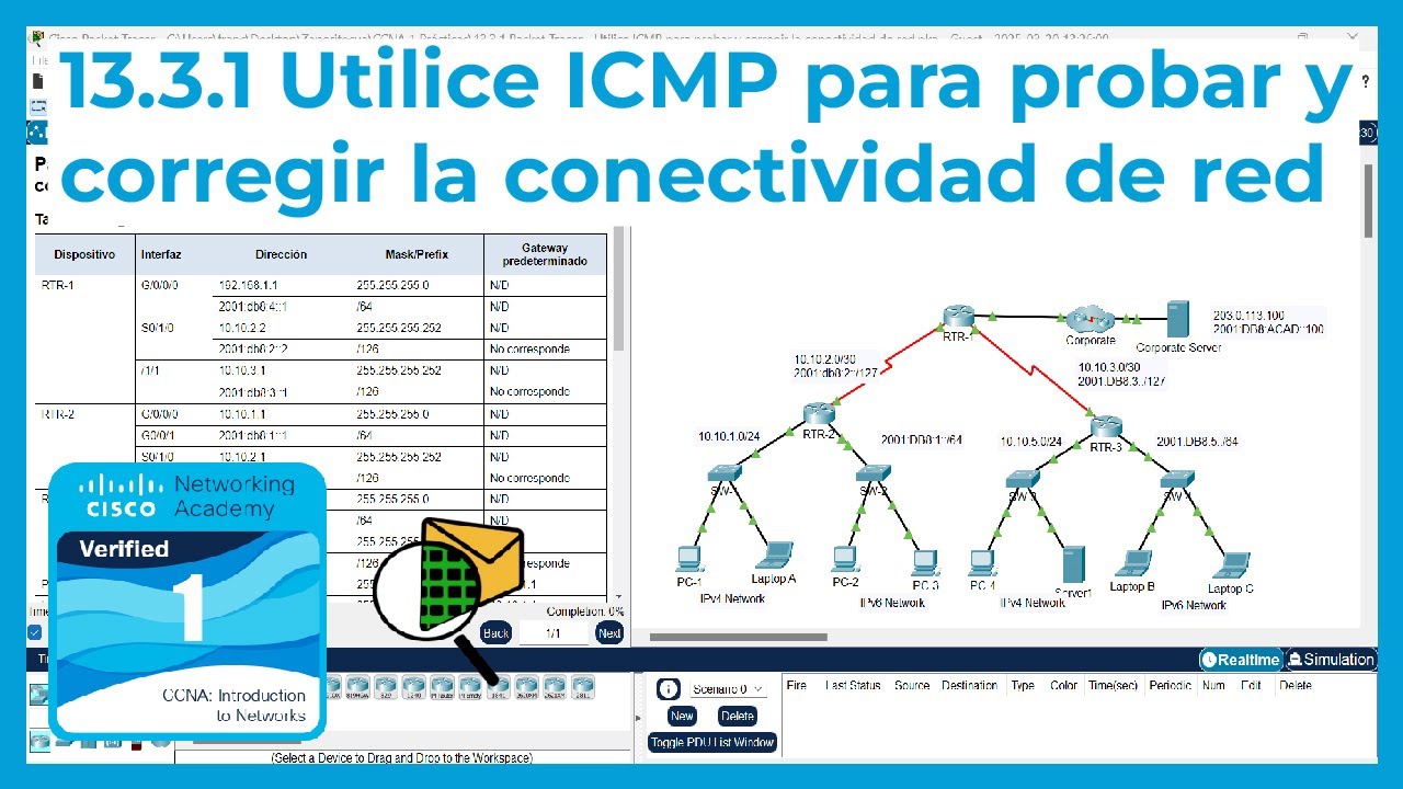 13.3.1 Packet Tracer 🔍📨 - Utilice ICMP para probar y corregir la conectividad de red (CCNA Curso 1)