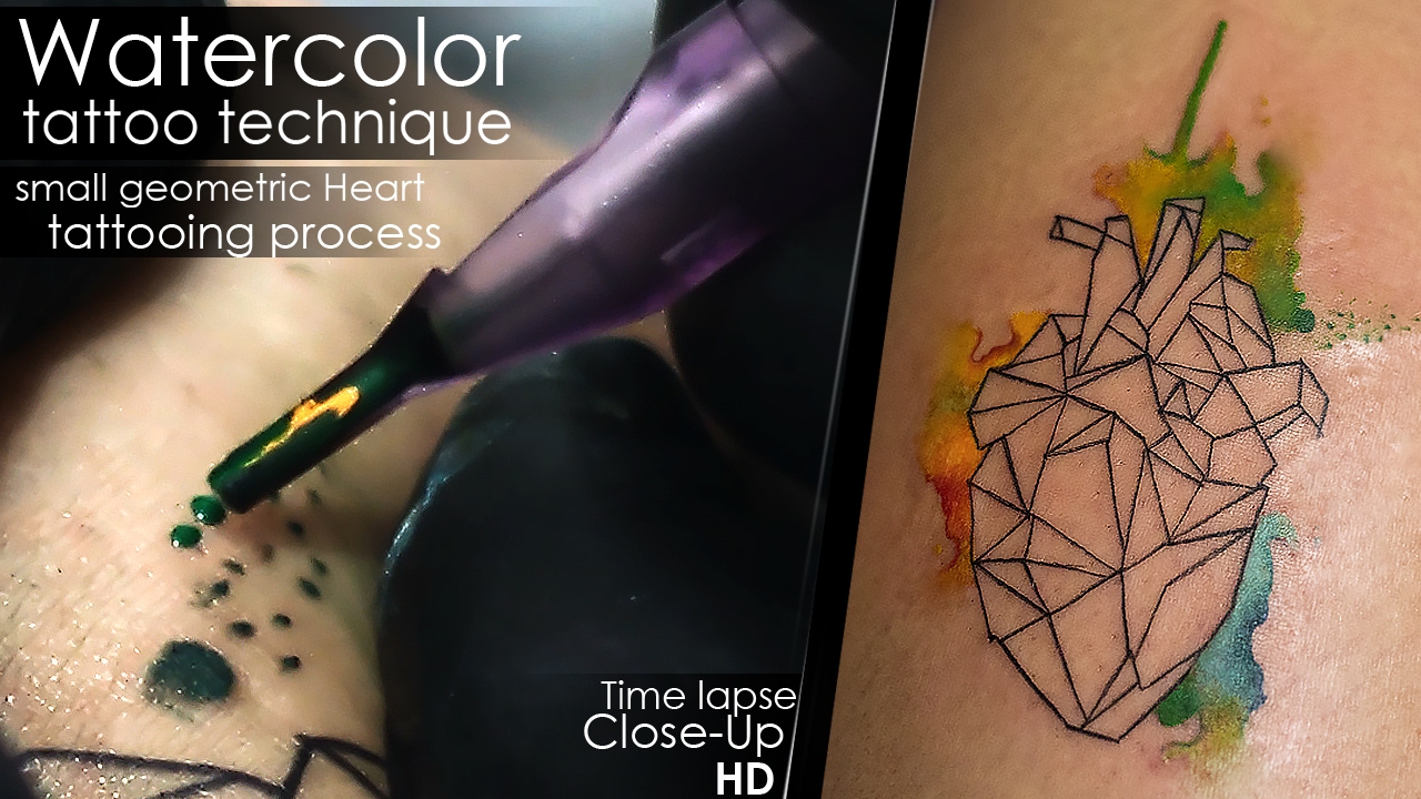 Watercolor tattoo technique - small geometric Heart - tattooing process Time lapse Close Up Full HD