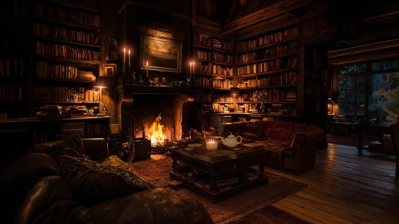 Crackling Fireplace in a Cozy Cottage Library | Cure for Insomnia for 8 Soothing Hours