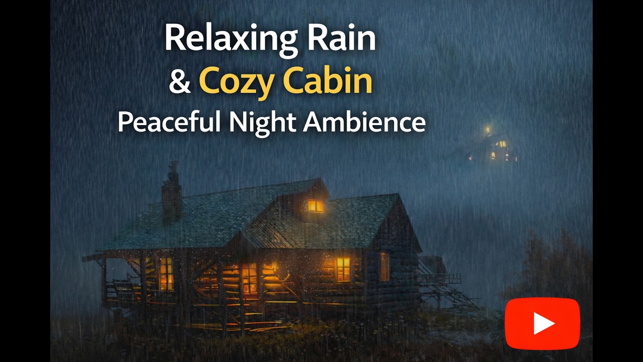 Relaxing night rain sounds and warm cabin lights for a soothing and tranquil atmosphere.