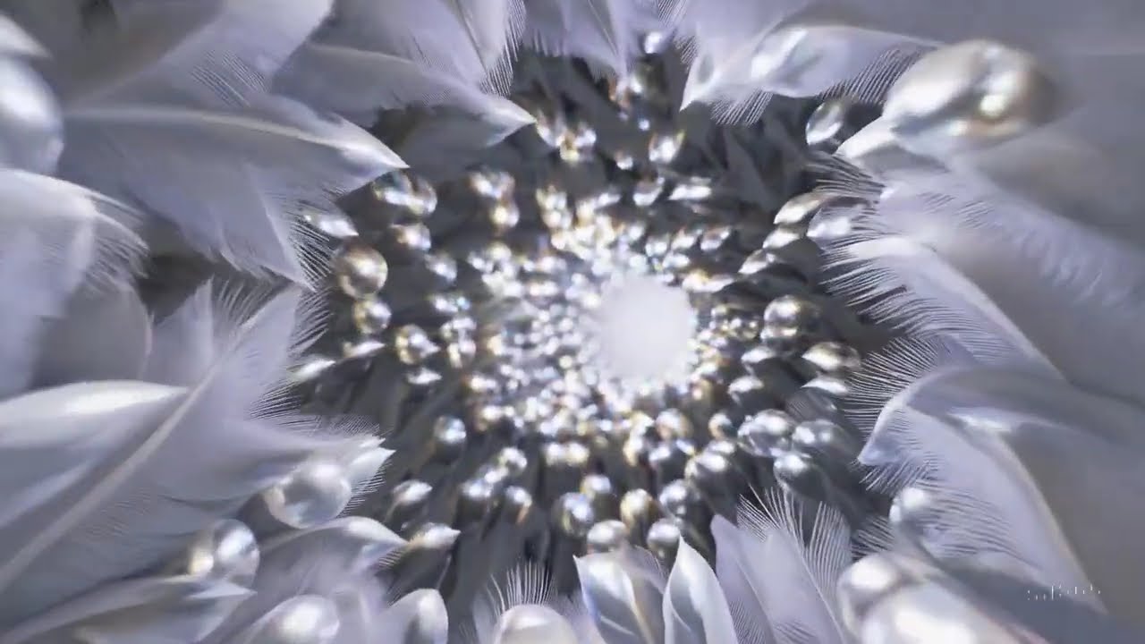 Gliding through a soft tunnel of white feathers and floating pearls in a dreamlike atmosphere #ai