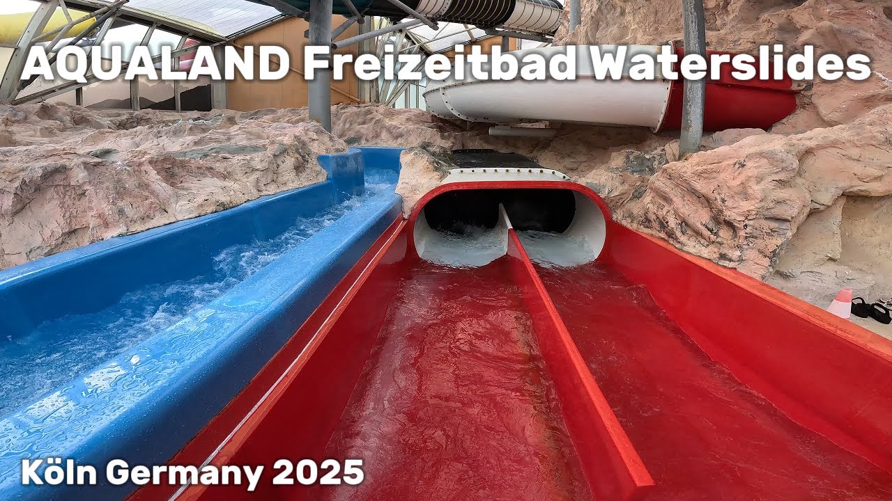 Waterslides in Water Park AQUALAND Freizeitbad K&ouml;ln Germany, POV 4k videos