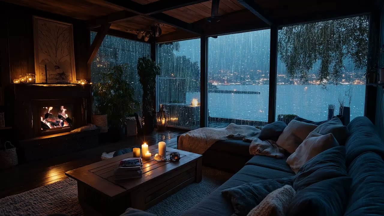 Heavy Rain on the Glass 🌧️ Warm Fireplace ASMR Ambience (3 Hours)