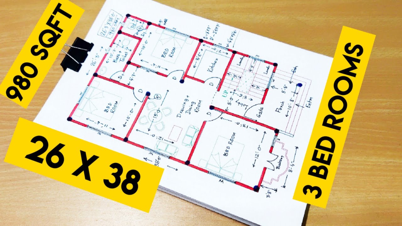 26 x 38 house plan with 3 bed rooms II 26 x 38 ghar ka naksha II 26 x 38 home design