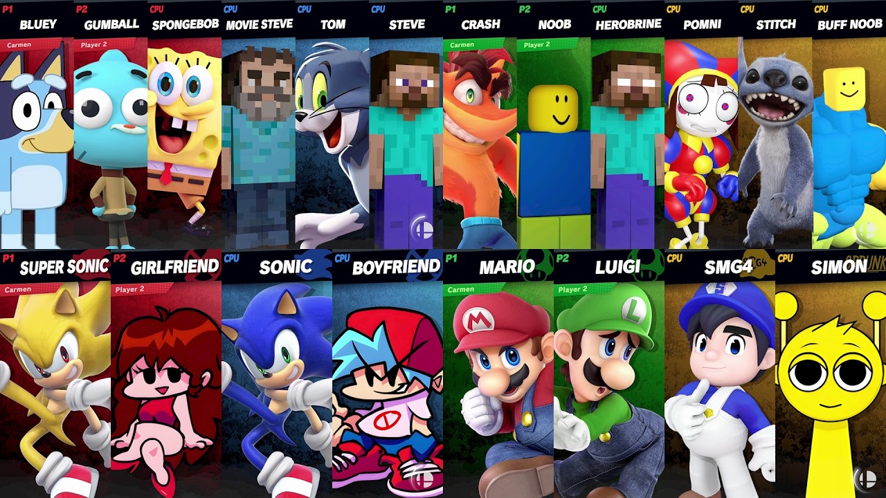 NEW Sonic vs Mario vs Roblox vs Minecraft vs Tom vs Bluey vs SpongeBob vs Crash vs Amy in Smash Bros