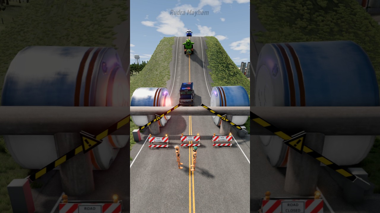 Police Car & Ambulance & School Bus Vs Stop Barrier & Hydraulic Bollards #beamngdrive