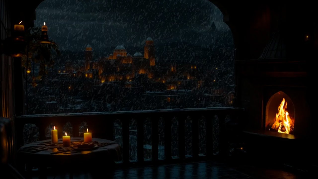🌙 Winter Balcony Serenity | Fire Pit Warmth & Candlelight for Sleep, Meditation & Focus