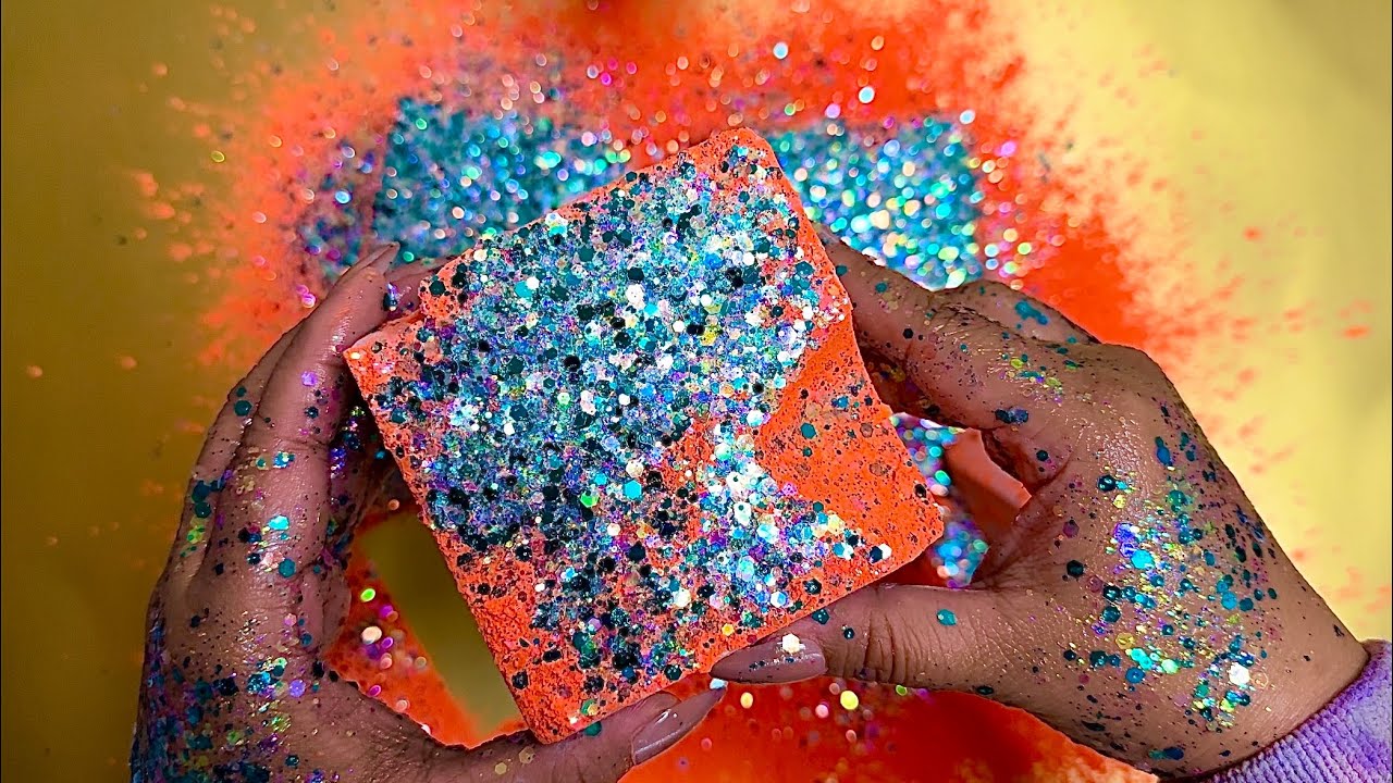 🍊✨ 3 BLUE DYED BLOCKS x ORANGE HOLI POWDER x GLITTER | CRUNCHY COMBO [GYM CHALK ASMR] 🎧