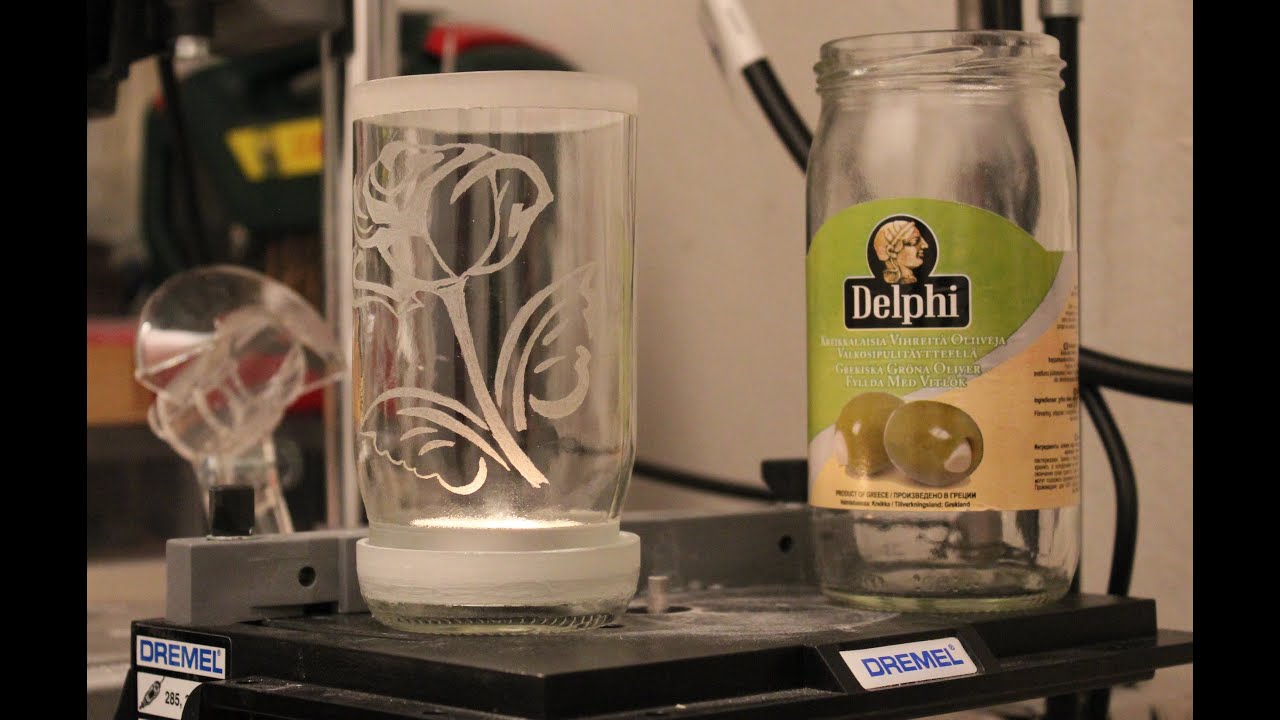 Upcycling glass jar.. . Shaping and etching glass with dremel