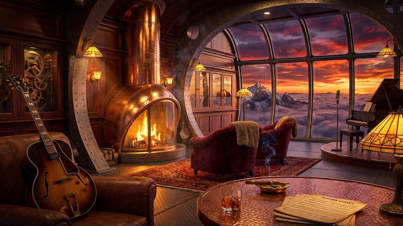 Midnight Airship Lounge ✈️ Cozy Jazz & Sunset Above the Clouds | 1 Hour [4K]