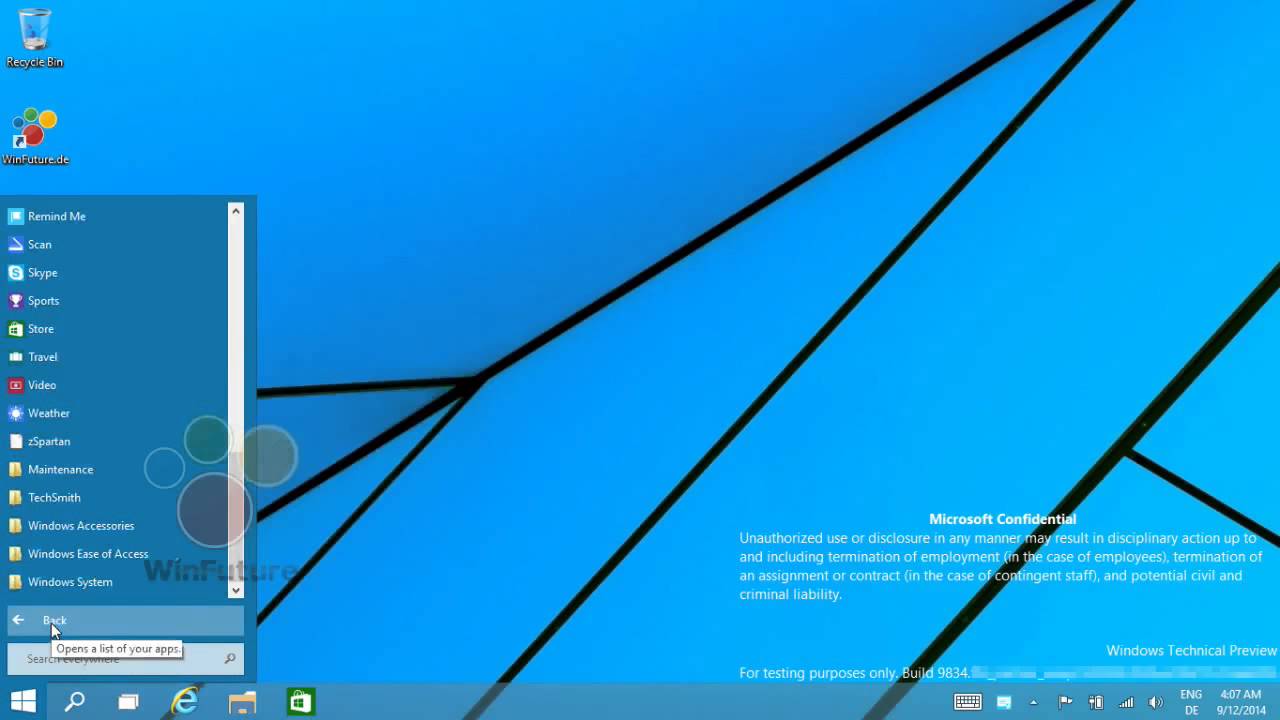 Меню Пуск в Windows 10 без живых плиток (WinFuture)