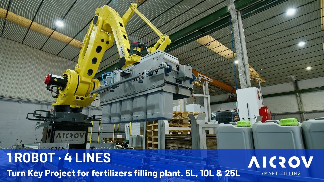 AUTOMATIC LIQUID FILLING MACHINE EL2-E + CAPPING STATION + ROBOT PALLETIZER