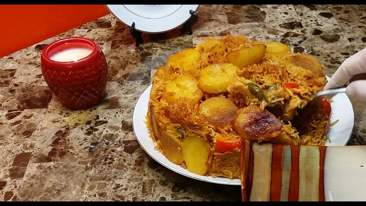 مقلوبه البطاطا بالرز الاحمر واللحم ..طيبه بطيبة اهلنا ...مطبخ شاي مهيل ...الشيف ام محمد