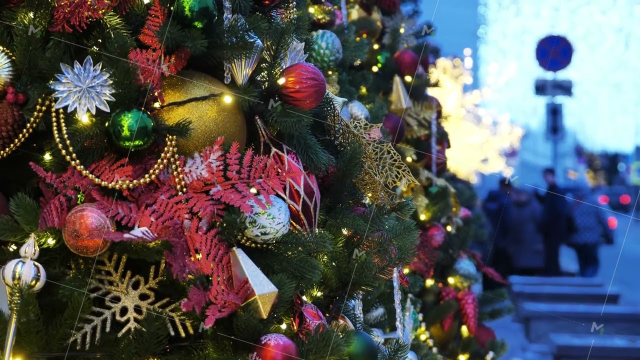 City street glowing with festive christmas tree decorations and new year lights