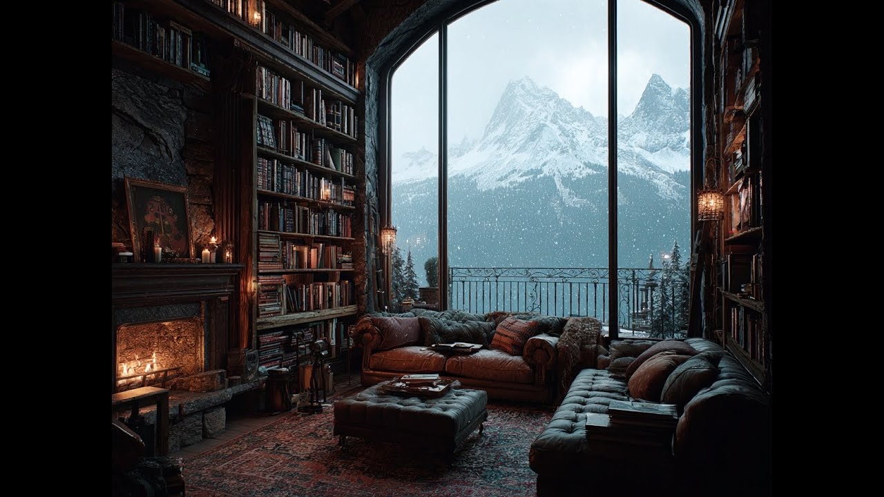Cozy Winter Library Ambience ❄️ Fireplace & Snow | Relax, Read, Sleep, Study