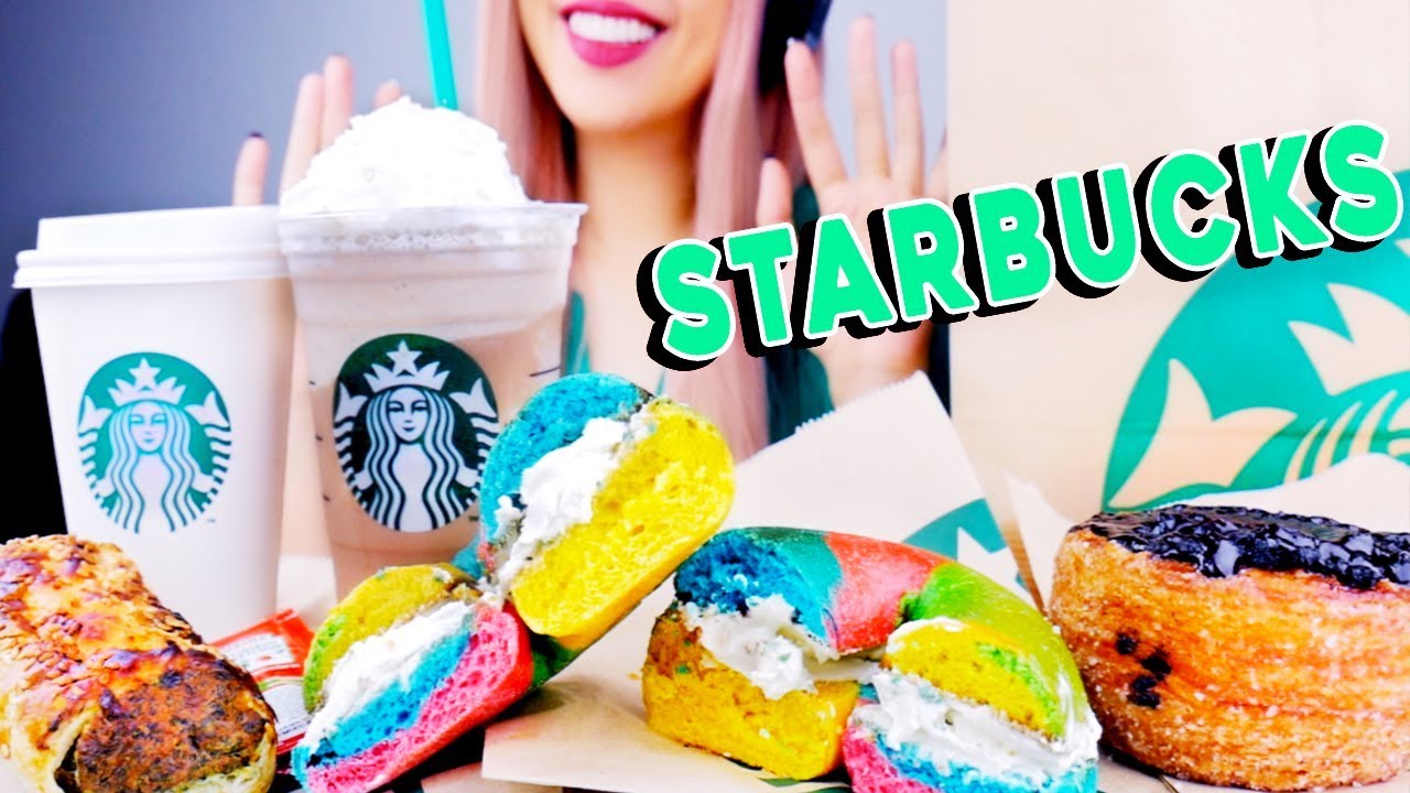 ASMR STARBUCKS Rainbow Bagel Cronut doughnut *eating sounds*