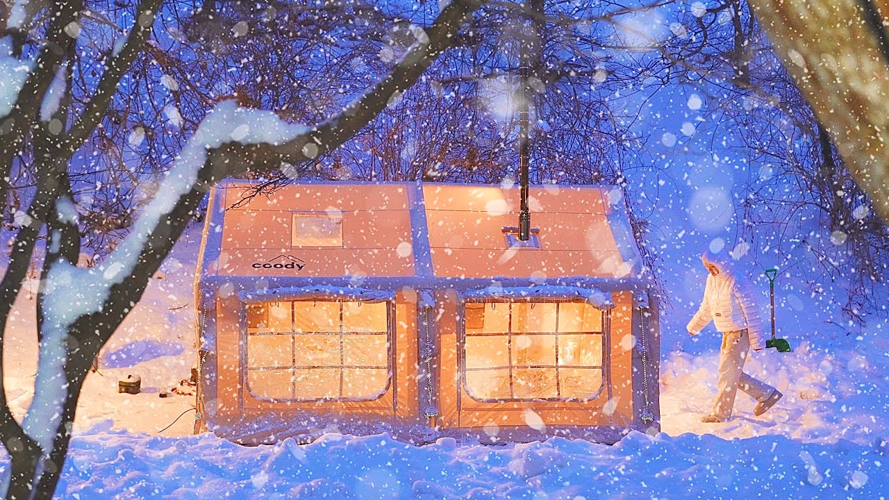 ❄️24시간 폭설캠핑｜에어텐트와 화목난로 조합으로 반팔입고 동계캠핑｜캠핑ASMR