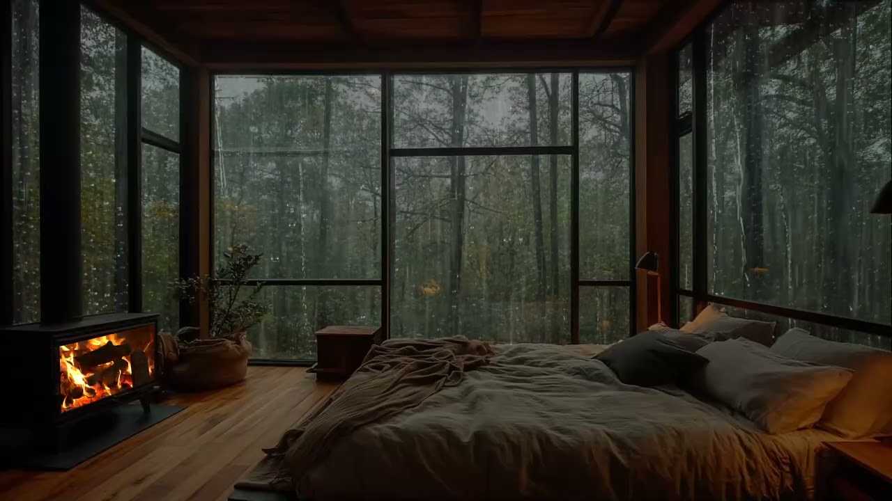 Sleep Peacefully Tonight with Rain Sounds and Crackling Fireplace in Cozy Forest Cabin
