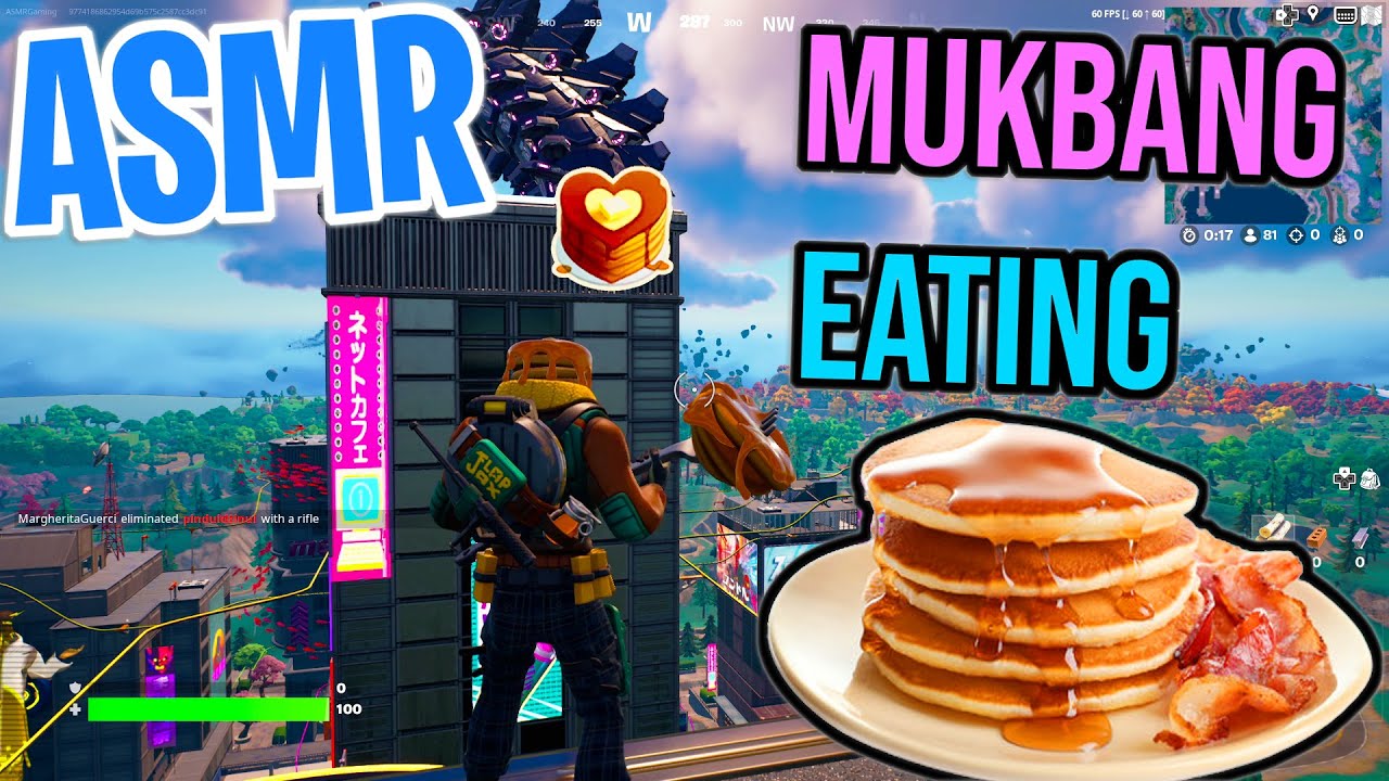 ASMR Gaming Mukbang 🥞 Fortnite Pancakes and Bacon Relaxing Eating and Spectating 🎮🎧 Whispering 💤