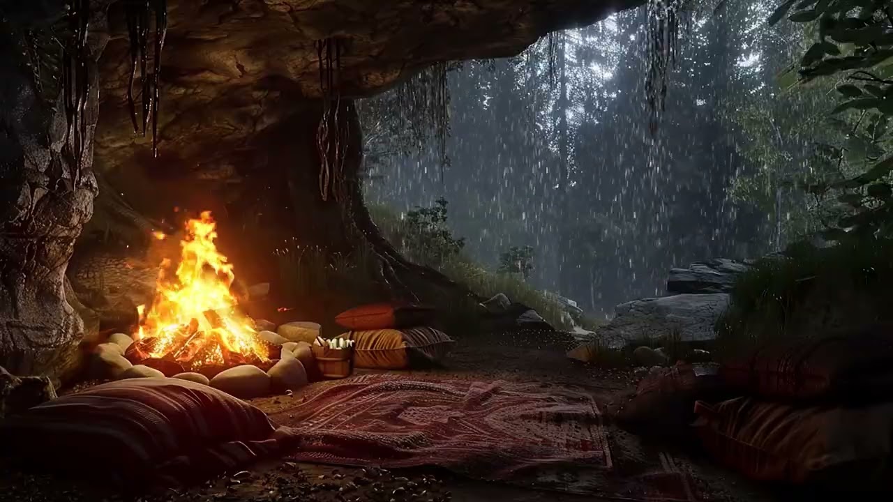 Rest Safely in a Cozy Cave During Forest Rain | Gentle Fire & Rain Sounds to Soothe the Mind
