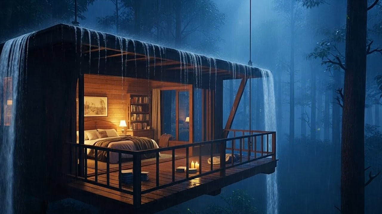 Heavy Rain in a Jungle Treehouse 🌧️ Deep Night Ambience | Cozy Forest Cabin Sleep & Relax